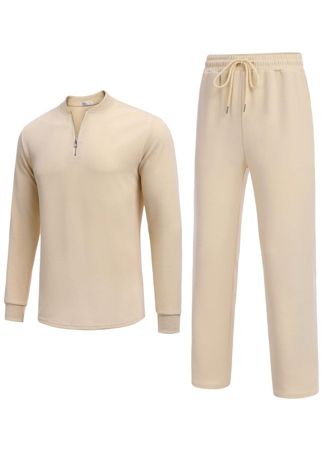 COOFANDY Men's Tracksuit 2 Piece Set Outfits Quarter Zip Polo Sweatsuit Athletic Long Sleeve Casual Sports Jogging Beige - Image 4